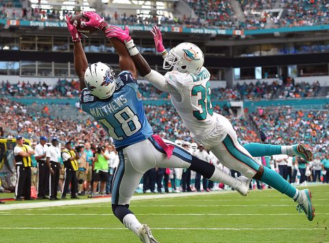 Tennessee Titans wide receiver Rishard Matthews (18) catches a pass for a touchdown against the defense of Miami Dolphins cornerback Tony Lippett (36) during the second half at Hard Rock Stadium. The Tennessee Titans defeat the Miami Dolphins 30-17. (Jasen Vinlove-USA TODAY Sports) Tennessee Titans wide receiver Rishard Matthews (18) catches a pass for a touchdown against the defense of Miami Dolphins cornerback Tony Lippett (36) during the second half at Hard Rock Stadium. The Tennessee Titans defeat the Miami Dolphins 30-17. (Jasen Vinlove-USA TODAY Sports)