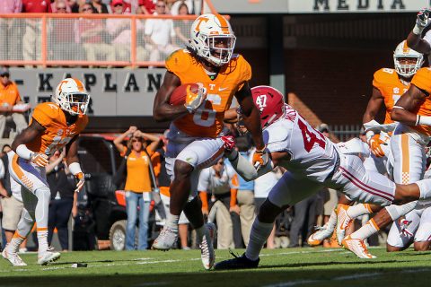 Tennessee Volunteers running back Alvin Kamara (6) runs the ball against the Alabama Crimson Tide during the first half at Neyland Stadium. (Randy Sartin-USA TODAY Sports)