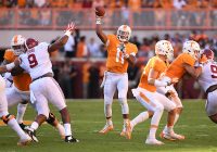 Tennessee Volunteers quarterback Joshua Dobbs (11) passing against the Alabama Crimson Tide during the first quarter at Neyland Stadium. (John David Mercer-USA TODAY Sports)