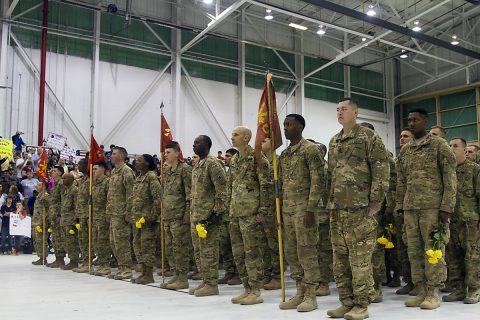 Soldiers from the 2nd Battalion, 44th Air Defense Artillery Regiment, 101st Airborne Division (Air Assault) Sustainment Brigade, 101st Abn. Div., wait to be released to their families, Nov. 5, 2016, at Hanger 3 on Fort Campbell, Ky. during their homecoming ceremony after spending nine months overseas. (Sgt. Neysa Canfield/101st Airborne Division Sustainment Brigade Public Affairs) 