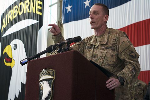 Maj. Gen. Gary J. Volesky, commanding general of the 101st Airborne Division (Air Assault) and Fort Campbell, speaks to Families, friends and Soldiers of the 101st Airborne Division during a welcome home ceremony at Hangar 3, Fort Campbell, Ky., Nov. 18, 2016. Volesky spoke of his Air Assault Soldiers' success in enabling Iraqi Security Forces to defeat DA'ESH and begin the retaking of Mosul in Iraq as the Combined Joint Forces Land Component Command - Operation Inherent Resolve headquarters.