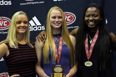 (L to R) Austin Peay Volleyball head coach Taylor Mott, Kristen Stucker and Ashley Slay. (APSU Sports Information)