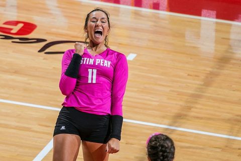 Austin Peay redshirt sophomore Christina White has 14 kills and 10 digs in three set sweep of Eastern Illinois Saturday afternoon. (APSU Sports Information)