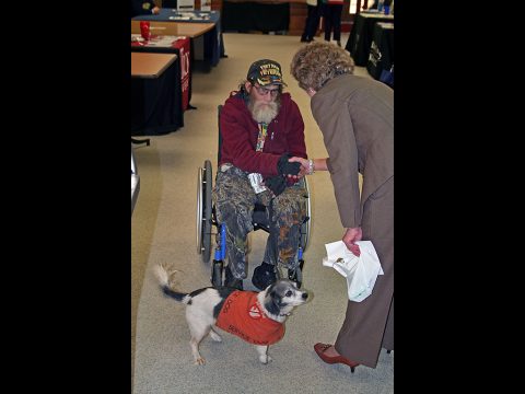 Clarksville Mayor Kim McMillan greets a veteran Thursday at the Clarksville Senior Citizen Center’s Veterans Day Fair.