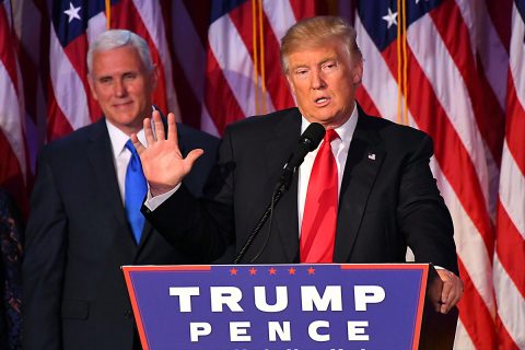 President-elect Donald Trump speaks to supporters at New York Hilton Midtown on election night. Vice President Elect Mike Pence is at left. (Robert Deutsch-USA TODAY NETWORK)