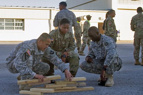 (L to R) Capt. Kenny K. Nguyen, Sgt. 1st Class Lashelle Webb, and Capt. Abdoul R. Kane, all with 101st Airborne Division (Air Assault) Sustainment Brigade, 101st Abn. Div., work together to properly place the blocks in the correct position, Nov. 9, 2016, with the help of their fourth team member, Maj. Jose G. Beltre (behind the group), who has an image of how the assembled pieces should look during the Command Team Physical Training Challenge at the 74th Composite Transportation Company motor pool on Fort Campbell, Ky. (Sgt. Neysa Canfield/101st Airborne Division Sustainment Brigade Public Affairs)