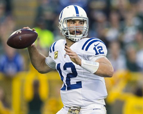 Indianapolis Colts quarterback Andrew Luck (12) throws a pass during the second quarter against the Green Bay Packers at Lambeau Field. (Jeff Hanisch-USA TODAY Sports)