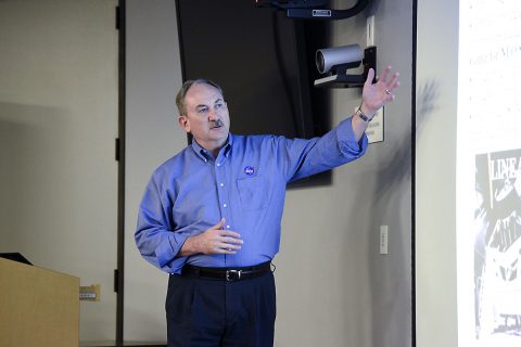 NASA Planetary Defense Officer Lindley Johnson was among speakers at an Oct. 25, 2016, NASA/FEMA tabletop exercise in El Segundo, California, simulating emergency response to a hypothetical future asteroid impact. Regular exercises like this facilitate a strong working relationship between the asteroid science community and emergency managers. (The Aerospace Corporation)