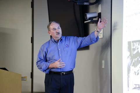 NASA Planetary Defense Officer Lindley Johnson was among speakers at an Oct. 25, 2016, NASA/FEMA tabletop exercise in El Segundo, California, simulating emergency response to a hypothetical future asteroid impact. Regular exercises like this facilitate a strong working relationship between the asteroid science community and emergency managers. (The Aerospace Corporation) NASA Planetary Defense Officer Lindley Johnson was among speakers at an Oct. 25, 2016, NASA/FEMA tabletop exercise in El Segundo, California, simulating emergency response to a hypothetical future asteroid impact. Regular exercises like this facilitate a strong working relationship between the asteroid science community and emergency managers. (The Aerospace Corporation)