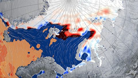 This image shows the winds and warm mass of air associated with a large cyclone that swept the Arctic in late December 2015-early January 2016, thinning and shrinking the sea ice cover. (NASA Goddard's Scientific Visualization Studio/Alex Kekesi, data visualizer)