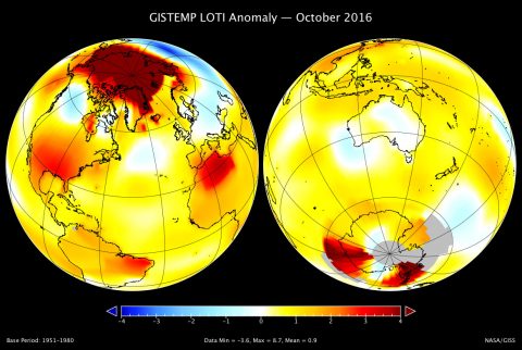 A map of the October 2016 LOTI (land-ocean temperature index) anomaly, showing that the Arctic region was much warmer than average. The United States and North Africa were also relatively warm. The largest area of cooler temperatures stretched across Russia