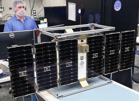 One of eight microsatellites in the CYGNSS constellation under construction. The mission will collect data to improve hurricane intensity forecasts. (University of Michigan)