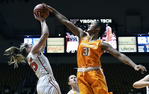 Virginia Tech guard Samantha Hill (25) attempts to shoot the ball as Tennessee Volunteers guard/forward Jaime Nared (31) defends in the second half at Cassell Coliseum. The Hookies won 67-63. (Michael Shroyer-USA TODAY Sports)