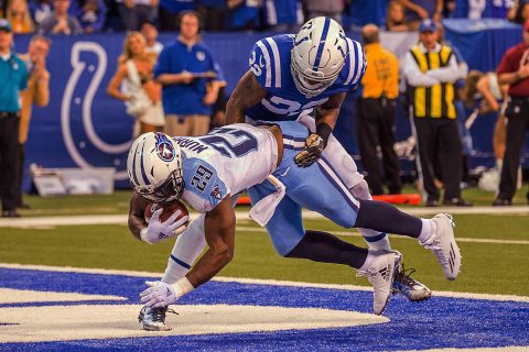 Tennessee Titans running back DeMarco Murray (29) catches a touchdown while Indianapolis Colts free safety T.J. Green (32) defends him in the first half of the game at Lucas Oil Stadium. (Trevor Ruszkowski-USA TODAY Sports)