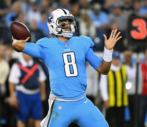 Tennessee Titans quarterback Marcus Mariota (8) completes a pass in the second half against the Jacksonville Jaguars at Nissan Stadium. The Titans won 36-22 on October 27th, 2016. (Christopher Hanewinckel-USA TODAY Sports)