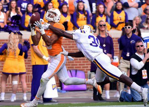 Tennessee Volunteers wide receiver Josh Malone (3) makes a catch for a touchdown in front of Tennessee Tech safety Ricky Ballard (30) during the first half at Neyland Stadium. (Michael Patrick/Knoxville News Sentinel via USA TODAY NETWORK) Tennessee Volunteers wide receiver Josh Malone (3) makes a catch for a touchdown in front of Tennessee Tech safety Ricky Ballard (30) during the first half at Neyland Stadium. (Michael Patrick/Knoxville News Sentinel via USA TODAY NETWORK)