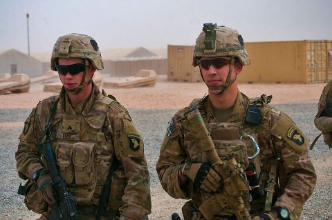 Sgt. Logon Ross, left, and Sgt. Addison Owen, right, Company B, 1st Battalion, 26th Infantry Regiment, Task Force Strike, 101st Airborne Division (Air Assault) in the U.S compound at the Qayyarah West Airfield, Iraq, Nov. 1, 2016. Company B provides security for Coalition forces on the base and was one on the first units at the location. (1st Lt. Daniel Johnson) 