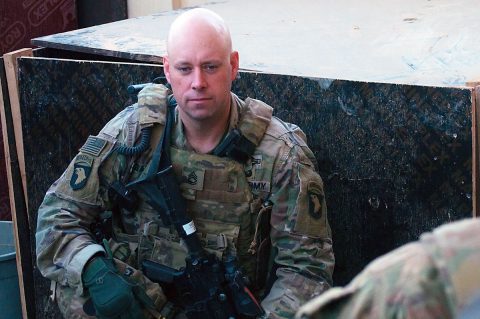 Sgt. 1st Class Brian Bailey, the first sergeant of Company A, 1st Battalion 26th Infantry Regiment, Task Force Strike, 2nd Brigade Combat Team, 101st Airborne Division (Air Assault), waits for Soldiers to arrive to a security patrol briefing, Dec. 7, 2016, in northern Iraq. This is Bailey's 9th deployment during the Global War on Terror, and he has spent over 7 years deployed. As part of Operation Inherent Resolve, he is part of a multi-national effort advising and assisting the Iraqi security forces. (1st Lt. Daniel Johnson) 