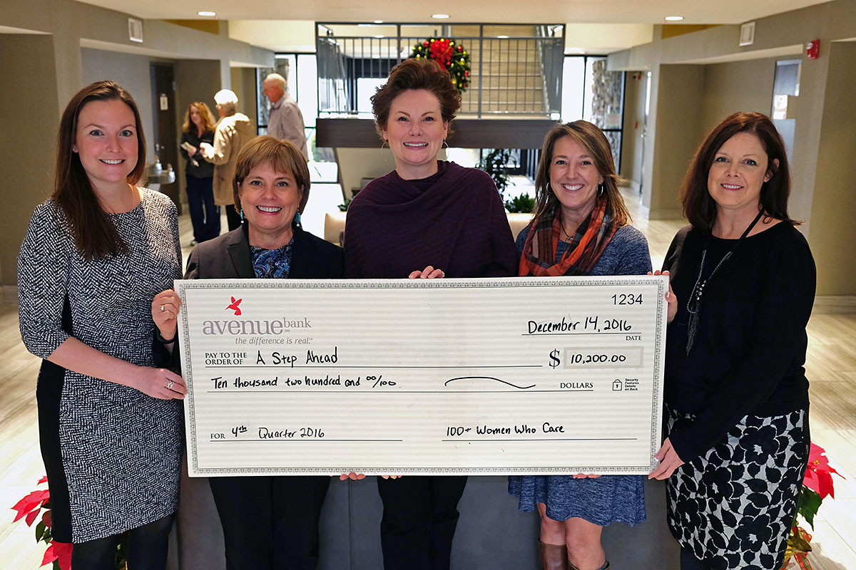 Pictured at the check presentation are (left to right) Jenny Matthews, ASAFMT Executive Director; Brenda Dowdle, ASAFMT Board President; Dr. Lee Fentriss, ASAFMT Board Vice President; Emily Schneller, 100+ Women Who Care of Middle TN Chapter Founder; and Tracy Ayers, 100+ Women Who Care of Middle TN Founding Board Member.