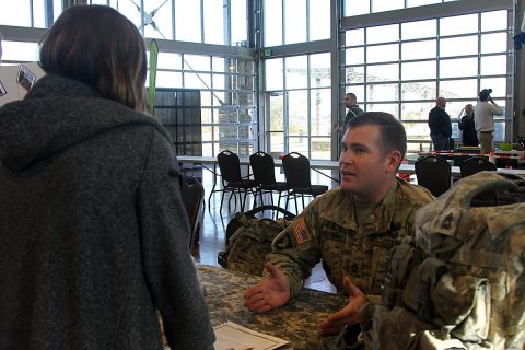 Sgt. 1st Class Shannon Shaffer, a combat engineer with 101st Airborne Division (Air Assault) Sustainment Brigade, 101st Abn. Div., speaks to a student, Nov. 16, 2016, during the Eighth-Grade Career Exploration Day hosted by the Clarksville-Montgomery County School System at the Wilma Rudolph Event Center in Clarksville, Tn. (Sgt. Neysa Canfield/101st Airborne Division Sustainment Brigade Public Affairs) Sgt. 1st Class Shannon Shaffer, a combat engineer with 101st Airborne Division (Air Assault) Sustainment Brigade, 101st Abn. Div., speaks to a student, Nov. 16, 2016, during the Eighth-Grade Career Exploration Day hosted by the Clarksville-Montgomery County School System at the Wilma Rudolph Event Center in Clarksville, Tn. (Sgt. Neysa Canfield/101st Airborne Division Sustainment Brigade Public Affairs)