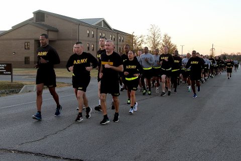 Command Sgt. Maj. James K. Sims (far left), the senior enlisted adviser of U.S. Army Materiel Command, Command Sgt. Maj. Michael Perry, the senior enlisted adviser of 101st Airborne Division (Air Assault) Sustainment Brigade, 101st Abn. Div., and Command Sgt. Maj. Gabriel Espinosa, the rear detachment provisional command sergeant major for the 101st Abn. Div., lead a noncommissioned officer run, Nov. 17, 2016, on Fort Campbell, Ky. (Sgt. Neysa Canfield/ 101st Airborne Division Sustainment Brigade Public Affairs) 