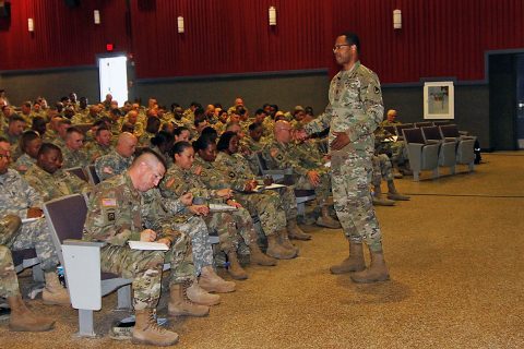 Command Sgt. Maj. James K. Sims (standing), the senior enlisted adviser of U.S. Army Materiel Command, leads a noncommissioned officer professional development forum, Nov. 17, 2016, on Fort Campbell, Ky., for sustainment Soldiers and leaders from across the installation. (Staff Sgt. Kimberly Lessmeister/ 101st Airborne Division Sustainment Brigade Public Affairs) 