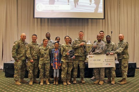 Soldiers from 129th Combat Sustainment Support Battalion, 101st Airborne Division (Air Assault) Sustainment Brigade, 101st Abn. Div., receive the Battalion Commander’s Cup, Nov. 17, 2016, during a ceremony at Cole Park Commons Conference Center on Fort Campbell, Ky. (Sgt. Neysa Canfield/101st Airborne Division Sustainment Brigade Public Affairs) 