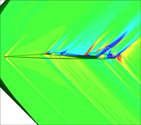 A supercomputer-generated visualization of the pressure field over a conceptual design of the Quiet Supersonic Technology demonstrator, or QueSST. (NASA/James Jensen)