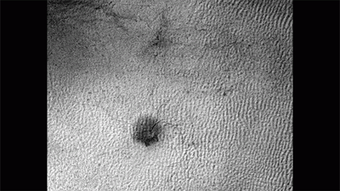 This sequence of three HiRISE images from NASA's Mars Reconnaissance Orbiter shows the growth of a branching network of troughs carved by thawing carbon dioxide over the span of three Martian years. This process may also form larger radially patterned channel features known as Martian "spiders." (NASA/JPL-Caltech/Univ. of Arizona) This sequence of three HiRISE images from NASA's Mars Reconnaissance Orbiter shows the growth of a branching network of troughs carved by thawing carbon dioxide over the span of three Martian years. This process may also form larger radially patterned channel features known as Martian "spiders." (NASA/JPL-Caltech/Univ. of Arizona)