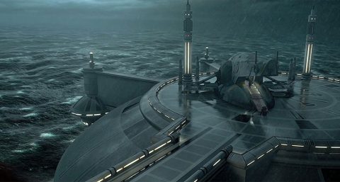 Obi-Wan Kenobi's ship lands on the ocean world of Kamino in "Star Wars: Attack of the Clones." In our galaxy, Kepler-22b could be a super-Earth with a super ocean. (Disney/Lucasfilm Ltd. & TM.)