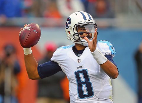 Tennessee Titans quarterback Marcus Mariota (8) passes during the second quarter against the Chicago Bears at Soldier Field. (Dennis Wierzbicki-USA TODAY Sports)