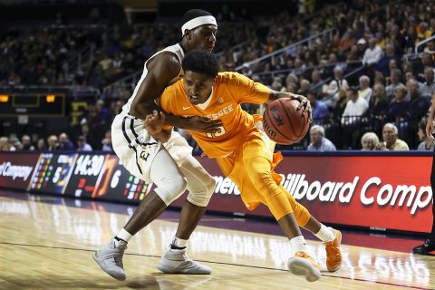 Guard Detrick Mostella #15 of the Tennessee Volunteers during shoot around before the game between the ETSU Buccaneers and the Tennessee Volunteers at Freedom Hall Civic Center in Johnson City, TN. (Craig Bisacre/Tennessee Athletics)