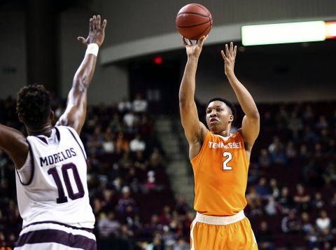 Tennessee Volunteers forward Grant Williams (2) shoots the ball as Texas A&M Aggies center Tonny Trocha-Morelos (10) defends during the first half at Reed Arena. (Troy Taormina-USA TODAY Sports)