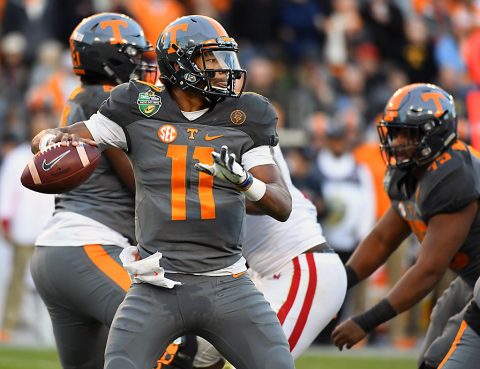 Tennessee Volunteers quarterback Joshua Dobbs (11) passes the ball during the first half against the Nebraska Cornhuskers at Nissan Stadium. (Christopher Hanewinckel-USA TODAY Sports)