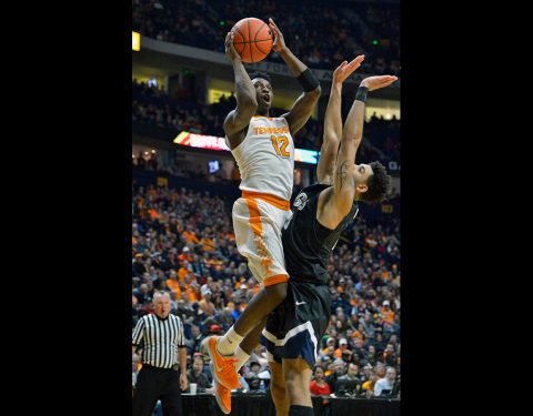 Tennessee Volunteers guard Kwe Parker (12) shoots against Gonzaga Bulldogs guard Josh Perkins (13) during the first half of the Battle on Broadway at Bridgestone Arena. (Jim Brown-USA TODAY Sports)