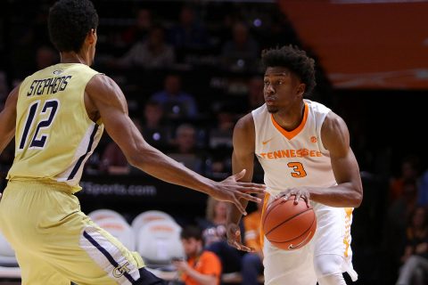 Tennessee Volunteers guard Robert Hubbs III (3) brings the ball up court against Georgia Tech Yellow Jackets forward Quinton Stephens (12) during the second half at Thompson-Boling Arena. (Randy Sartin-USA TODAY Sports)