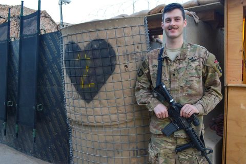 Spc. Erik Salmon, 26, an intelligence analyst assigned to the 2nd Brigade Combat Team, 101st Airborne Division, poses for a photograph while deployed in support of Operation Inherent Resolve, at Camp Swift, Jan. 8, 2017. Salmon assisted in the recovery of an isolated Iraqi Security Forces (ISF) soldier while working as a member of a U.S. and Iraqi advise and assist operations cell. (Maj. Ireka R. Sanders) 