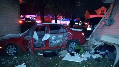 Vehicle leaves roadway and crashes into house on Meredith Way early Sunday morning.