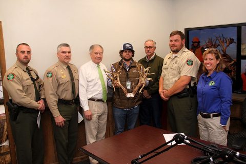 Stephen Tucker, holding rack, with TWRA Director Ed Carter (third from left), and officials scorers after the tabulation was conducted at the Nashville TWRA office.