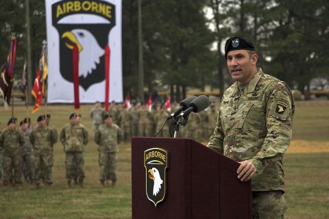 Maj. Gen. Andrew P. Poppas, the incoming division commander for the 101st Airborne Division, speaks to Fort Campbell community members, Families and 101st Airborne Division Soldiers during a change of command ceremony held at the division parade field, Fort Campbell, Kentucky, Jan. 19, 2017. Poppas assumes a command position in the 101st for the second time, as he previously commanded the 1st Brigade Combat Team. (Sgt. William White)