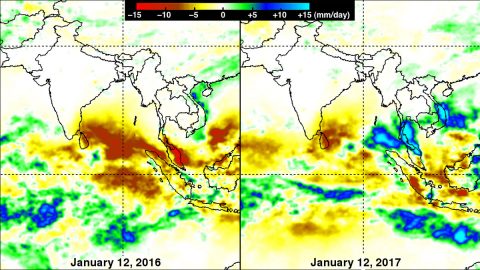 In this rainfall analysis, the panel on the left shows rainfall departure from normal during the 2016 El Nino event. The panel (right) shows the extreme increase in rainfall over southern Thailand during the current La Nina event. (NASA/JAXA, Hal Pierce)