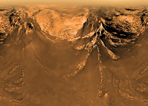 Images taken by Huygens were used to create this view, which shows the probe's perspective from an altitude of about 6 miles (10 kilometers). (ESA/NASA/JPL/University of Arizona)