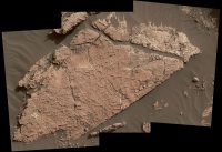 The network of cracks in this Martian rock slab called “Old Soaker” may have formed from the drying of a mud layer more than 3 billion years ago. The view spans about 3 feet (90 centimeters) left-to-right and combines three images taken by the MAHLI camera on the arm of NASA’s Curiosity Mars rover. (NASA/JPL-Caltech/MSSS)