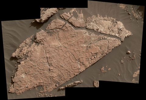 The network of cracks in this Martian rock slab called "Old Soaker" may have formed from the drying of a mud layer more than 3 billion years ago. The view spans about 3 feet (90 centimeters) left-to-right and combines three images taken by the MAHLI camera on the arm of NASA's Curiosity Mars rover. (NASA/JPL-Caltech/MSSS)