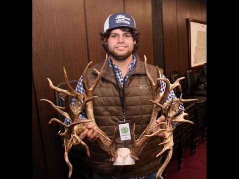 Stephen Tucker with the rack of 47-point buck harvested in Sumner County.