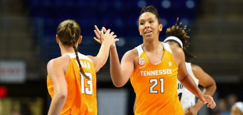 Tennessee Lady Volunteers center Mercedes Russell (21) and guard/forward Kortney Dunbar (13) during game against Auburn. Mercedes Russell notched career high and logs 11th double-double of the season in loss. (Rich Barnes-USA TODAY Sports)