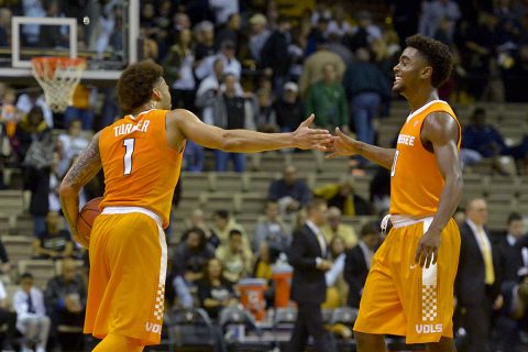 Tennessee Volunteers guard Lamonte Turner (1) reacts with teammate Volunteers guard Jordan Bone (0) after defeating the Vanderbilt Commodores at Memorial Gymnasium. Tennessee won 87-75. (Jim Brown-USA TODAY Sports) Tennessee Volunteers guard Lamonte Turner (1) reacts with teammate Volunteers guard Jordan Bone (0) after defeating the Vanderbilt Commodores at Memorial Gymnasium. Tennessee won 87-75. (Jim Brown-USA TODAY Sports)