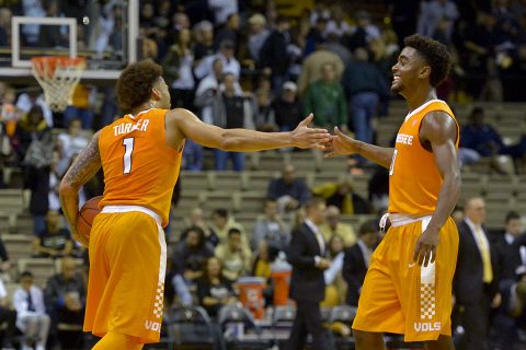 Tennessee Volunteers guard Lamonte Turner (1) reacts with teammate Volunteers guard Jordan Bone (0) after defeating the Vanderbilt Commodores at Memorial Gymnasium. Tennessee won 87-75. (Jim Brown-USA TODAY Sports)