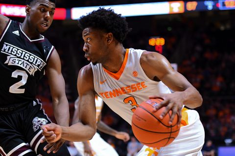 Tennessee Volunteers guard Robert Hubbs III (3) moves the ball against Mississippi State Bulldogs guard Eli Wright (2) during the second half at Thompson-Boling Arena. Tennessee won 91 to 74. (Mandatory Credit: Randy Sartin-USA TODAY Sports)