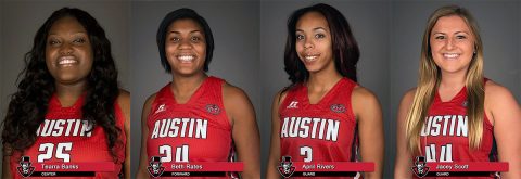 APSU Women's Basketball seniors Tearra Banks, Beth Rates, April Rivers and Jacey Scott